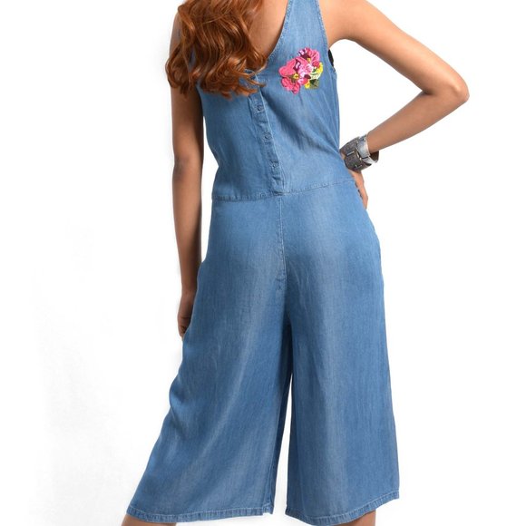 OLGYN Pants - OLGYN Women Embroidered Medium Blue Denim Jumpsuit